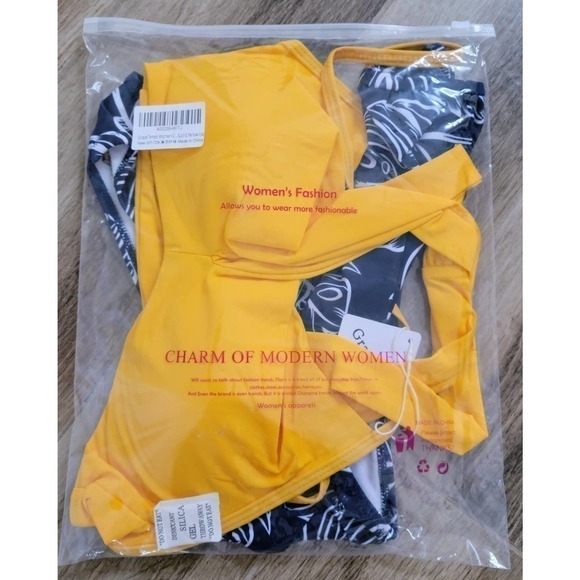 Grace Tempt Bikini Two Piece High Waisted Yellow Navy Blue S - Picture 7 of 8